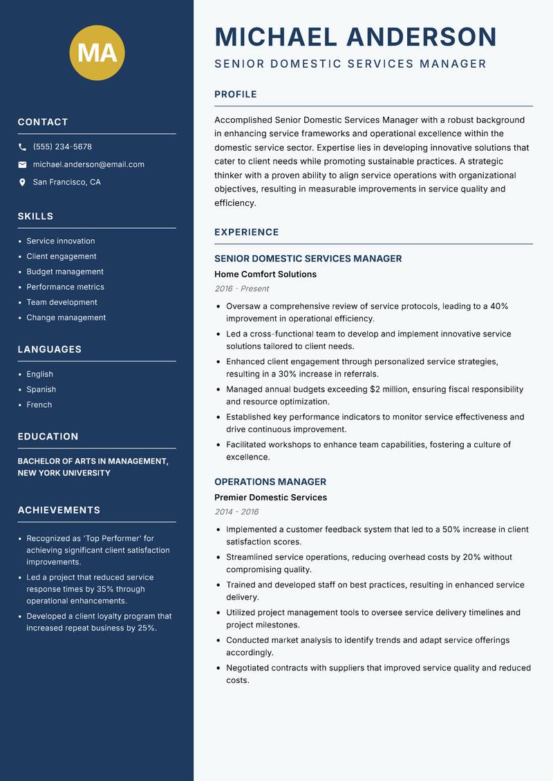 Senior Domestic Services Manager resume sample — Senior Domestic Services Manager focus