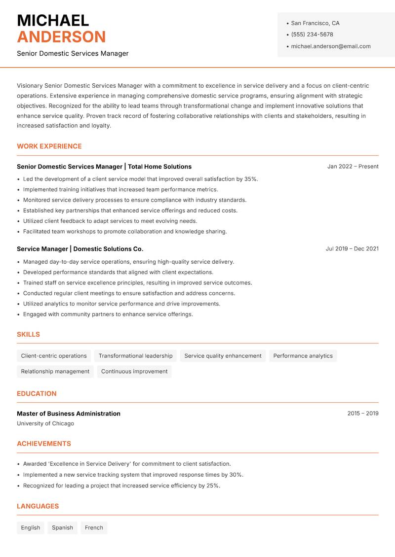 Senior Domestic Services Manager resume sample — Senior Domestic Services Manager focus