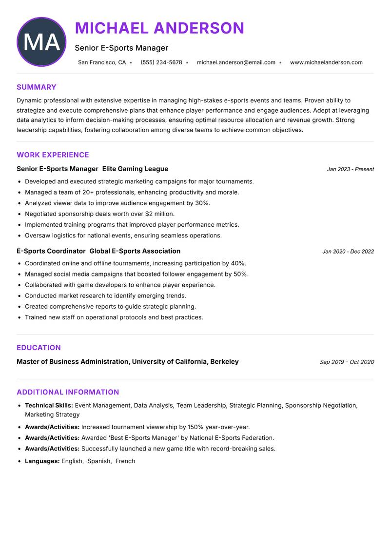 Senior E-Sports Manager resume example
