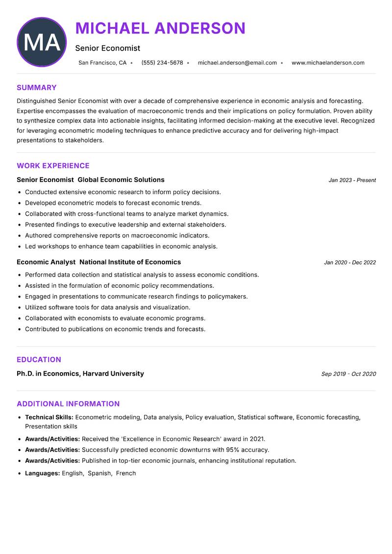 Senior Economist resume example