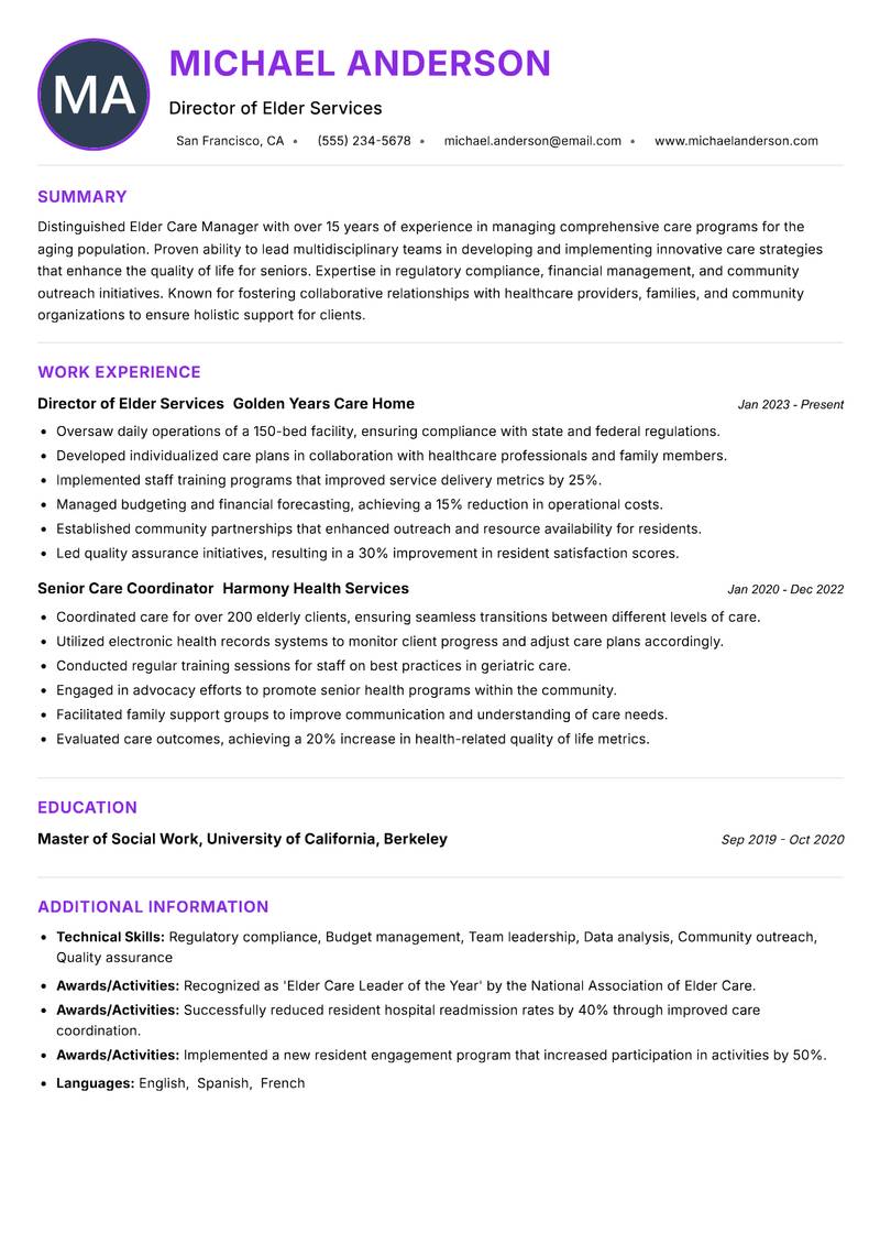 Senior Elder Care Manager resume example