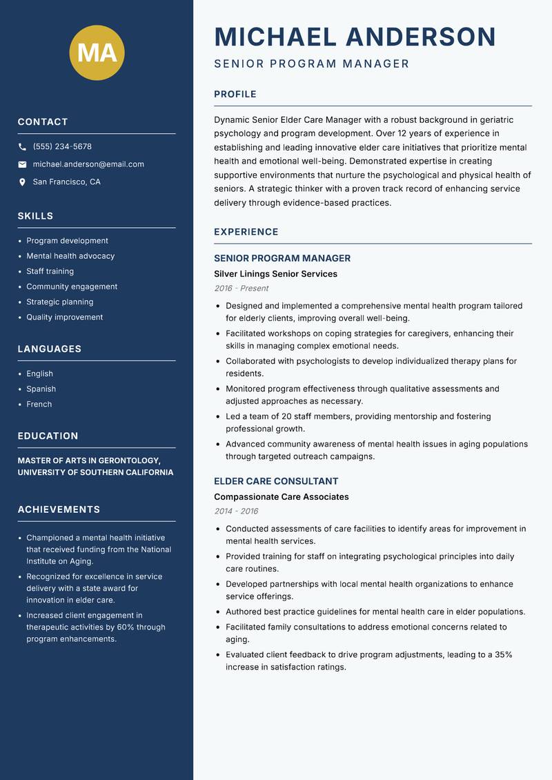 Senior Elder Care Manager resume sample — Senior Program Manager focus
