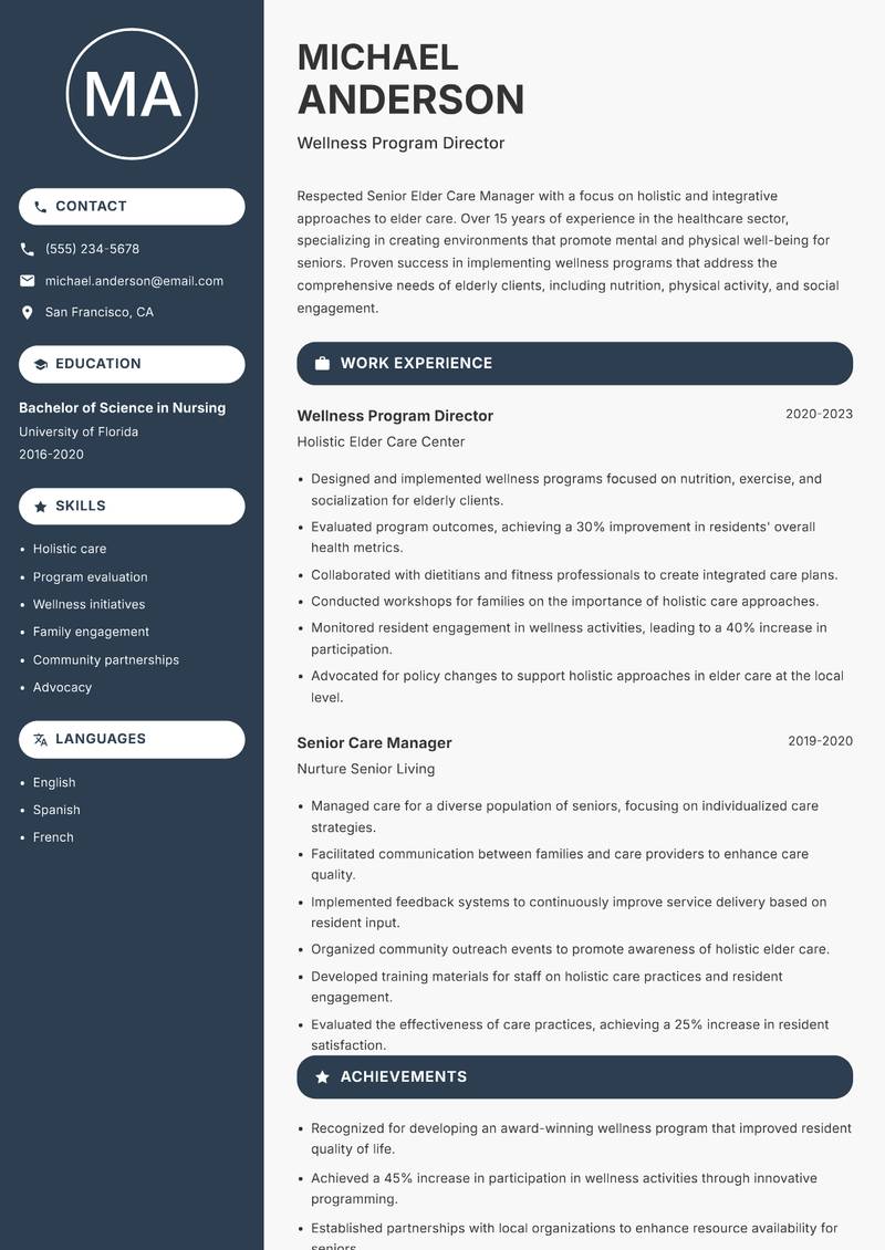 Senior Elder Care Manager resume sample — Wellness Program Director focus