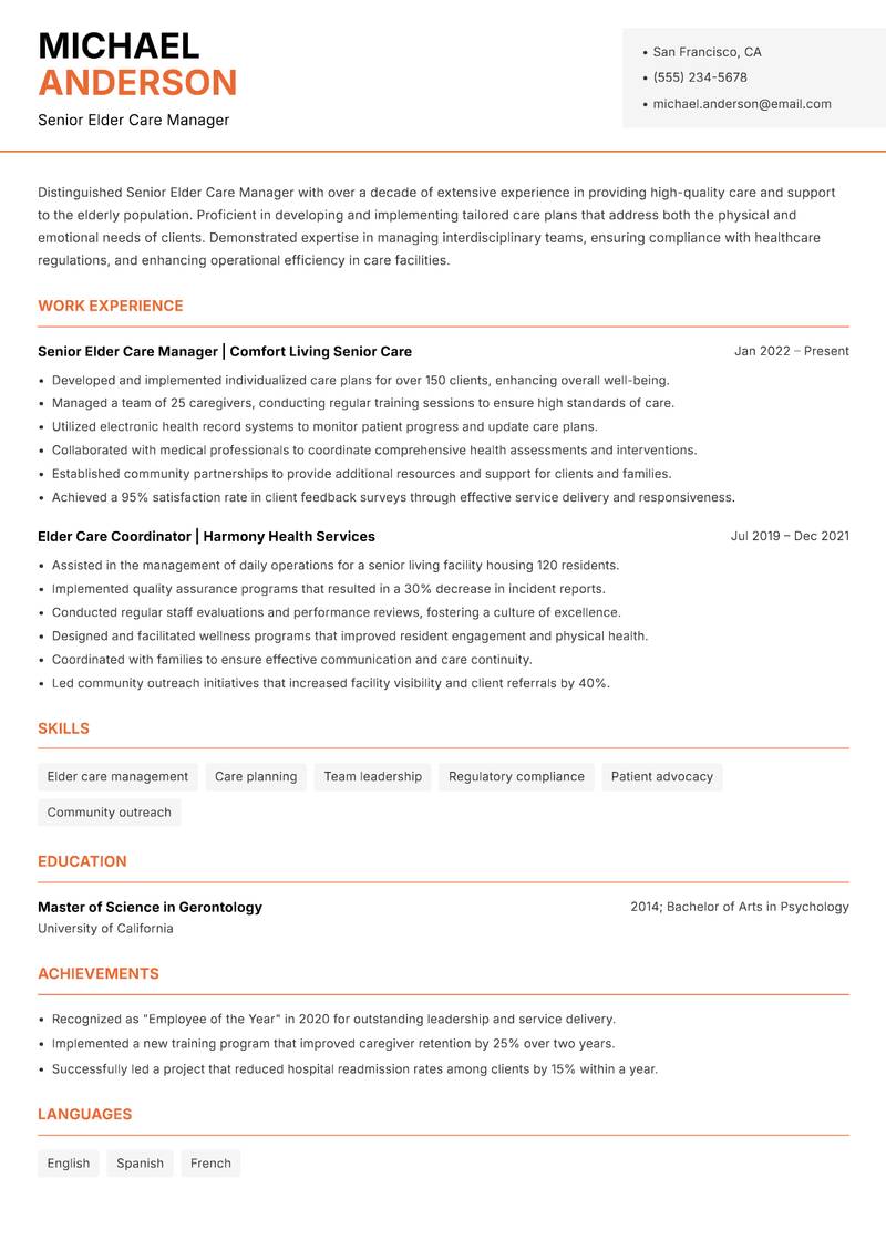 Senior Elder Care Manager resume sample — Senior Elder Care Manager focus