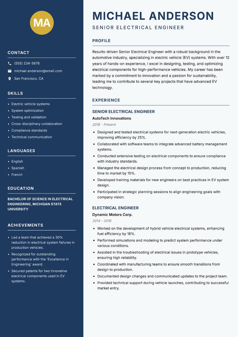 Senior Electrical Engineer resume sample — Senior Electrical Engineer focus