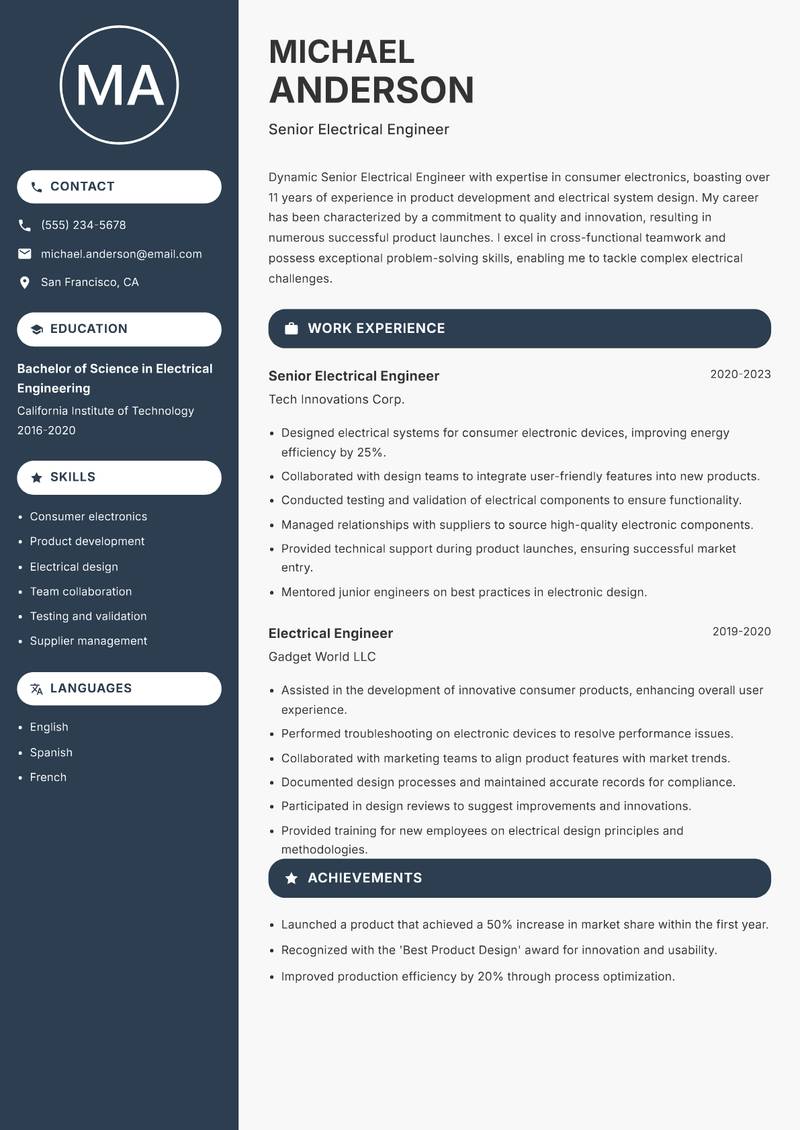 Senior Electrical Engineer resume sample — Senior Electrical Engineer focus