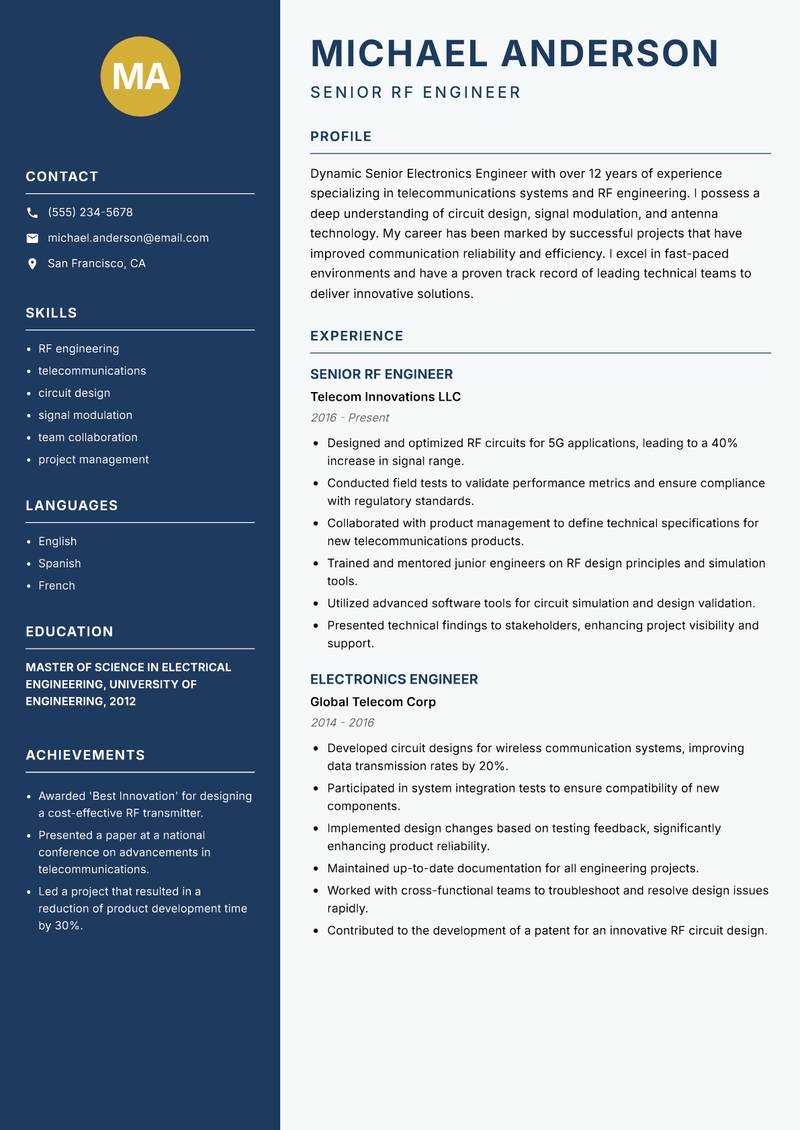 Senior Electronics Engineer resume sample — Senior RF Engineer focus