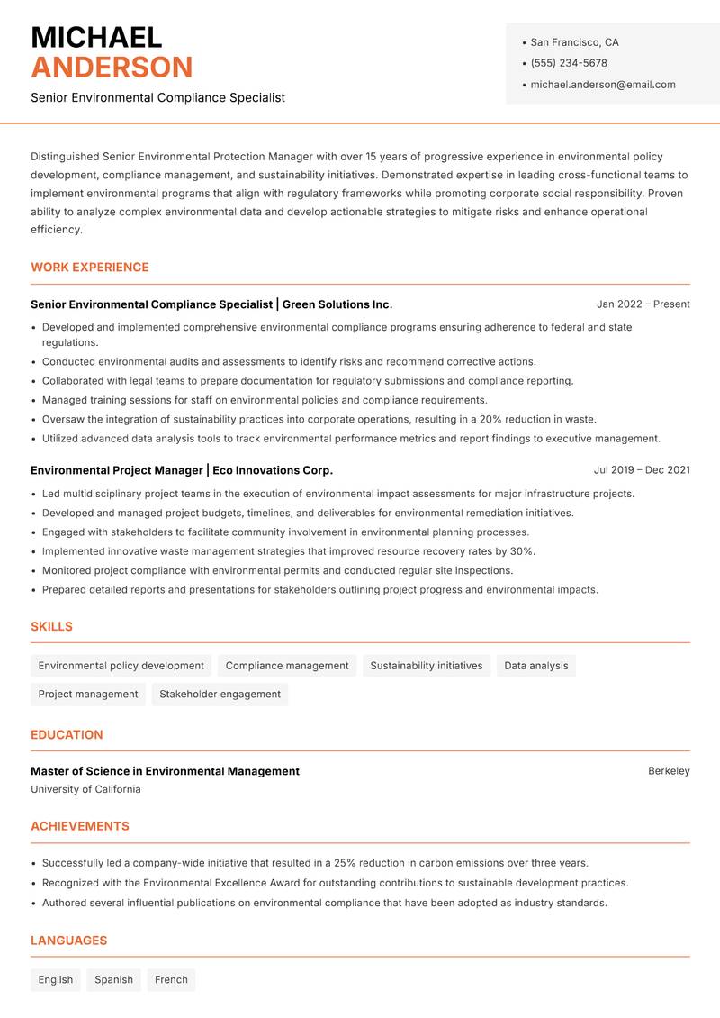 Senior Environmental Protection Manager resume sample — Senior Environmental Compliance Specialist focus