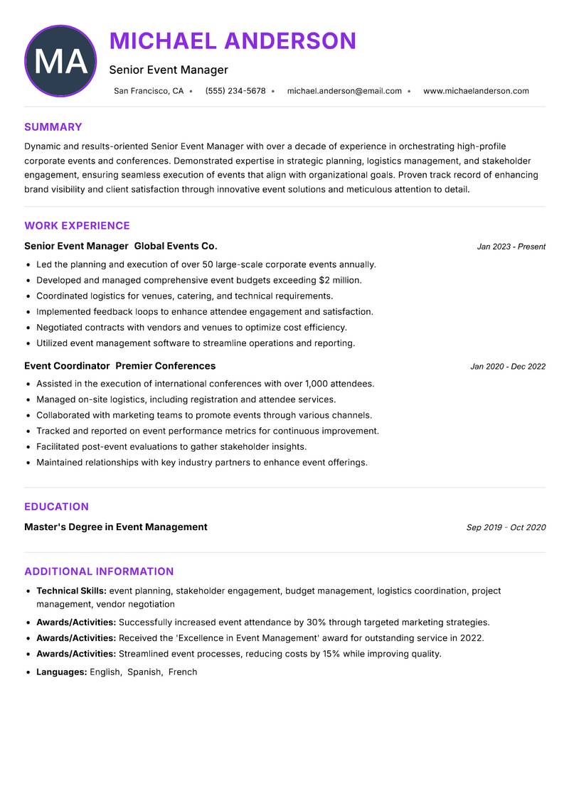 Senior Event Manager resume example