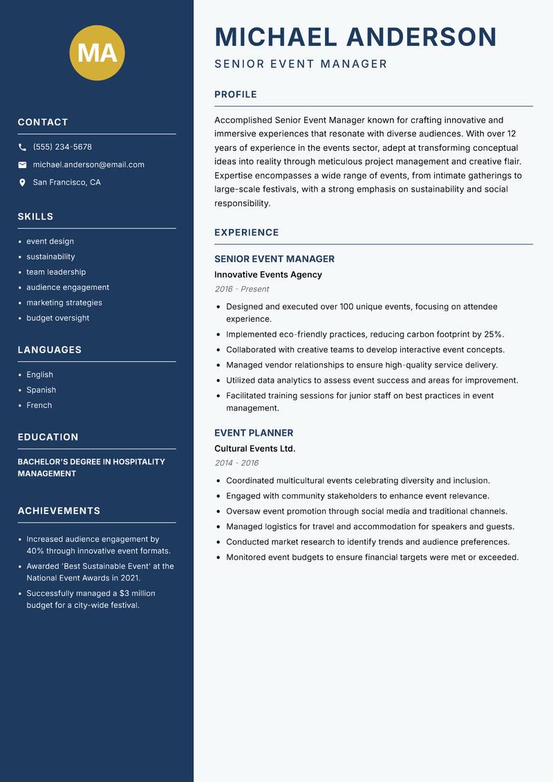 Senior Event Manager resume sample — Senior Event Manager focus