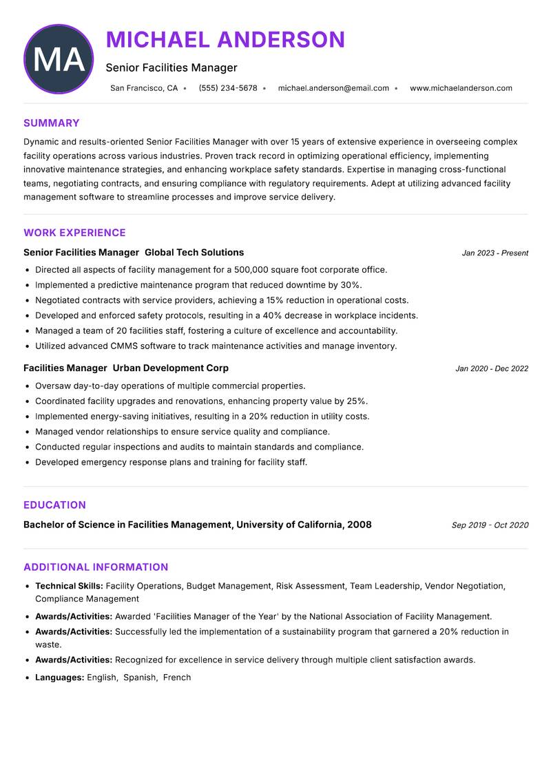 Senior Facilities Manager resume example