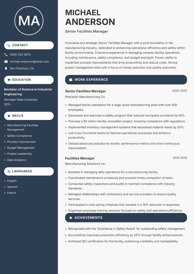 Senior Facilities Manager resume sample — Senior Facilities Manager focus