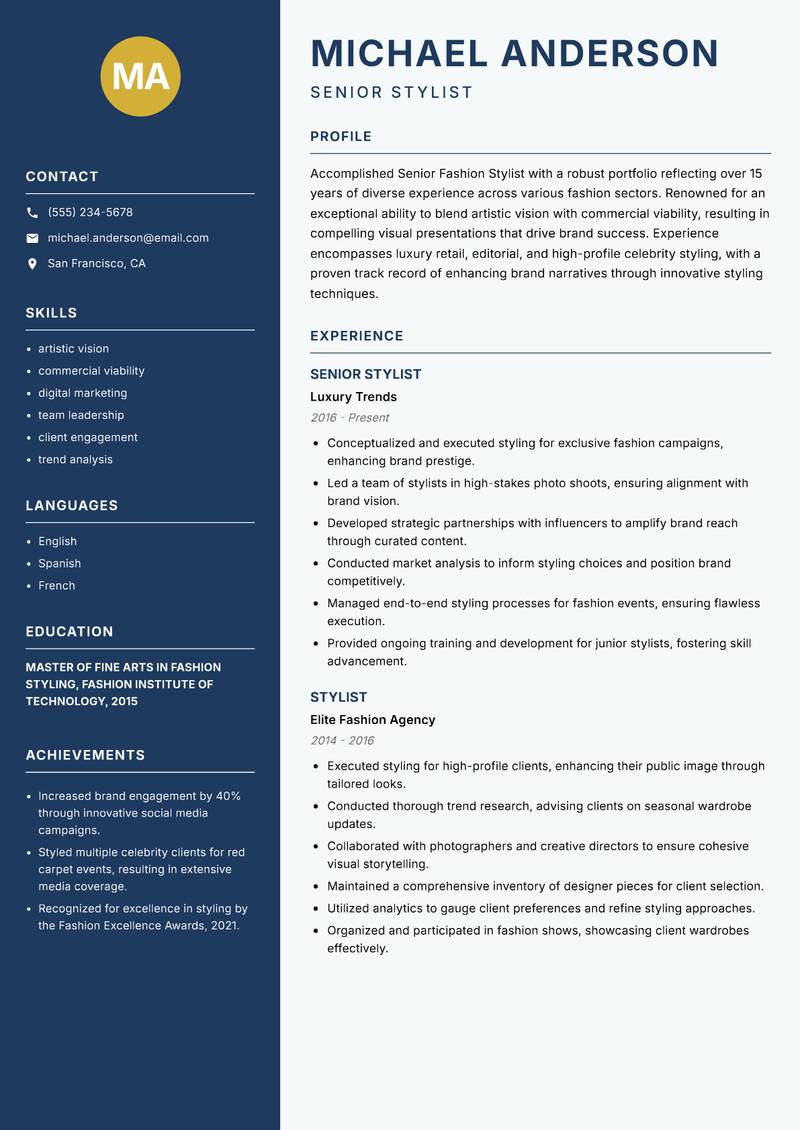 Senior Fashion Stylist resume sample — Senior Stylist focus