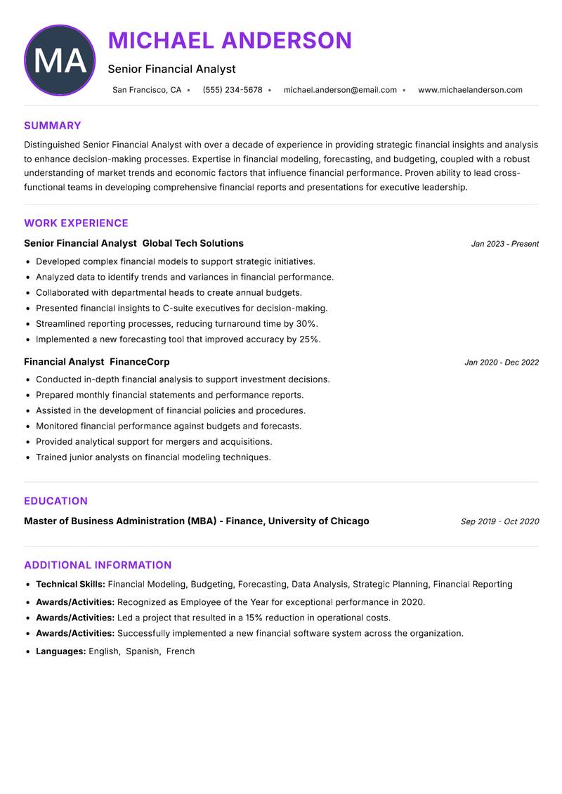 Senior Financial Analyst resume example