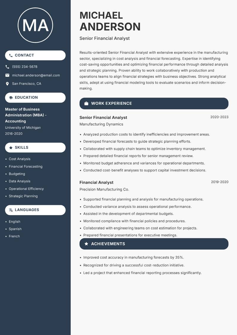 Senior Financial Analyst resume sample — Senior Financial Analyst focus