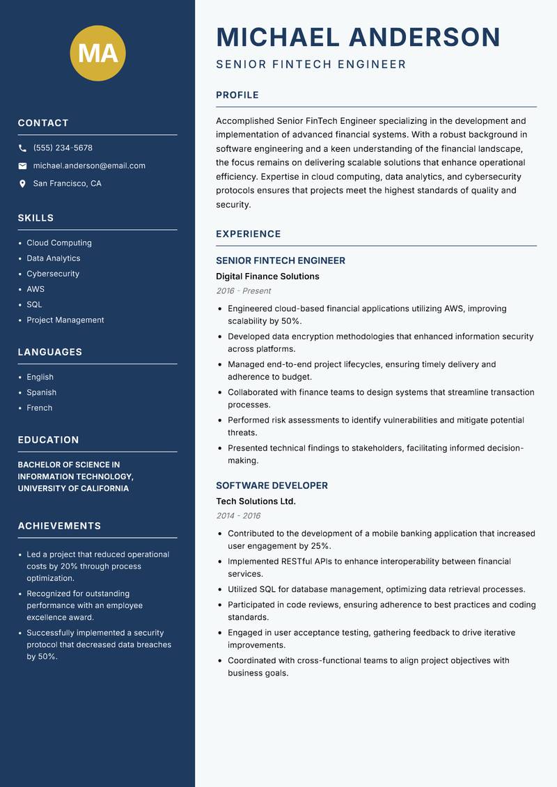 Senior FinTech Engineer resume sample — Senior FinTech Engineer focus