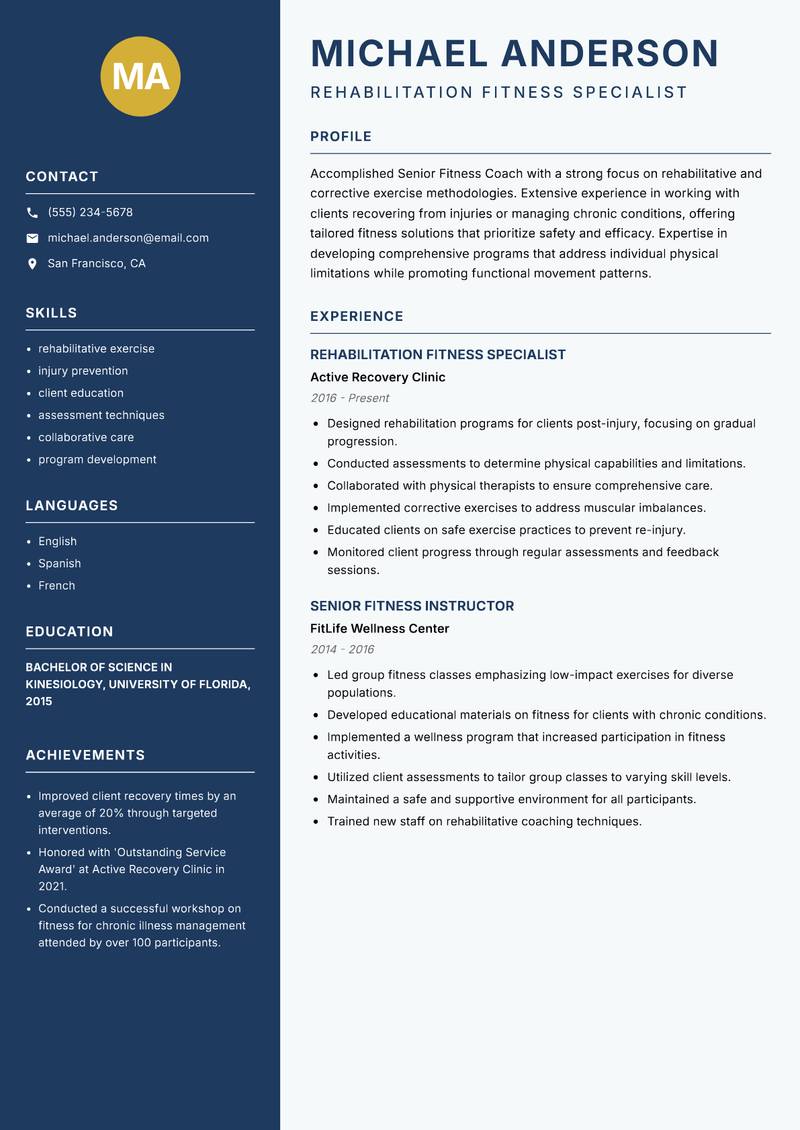 Senior Fitness Coach resume sample — Rehabilitation Fitness Specialist focus