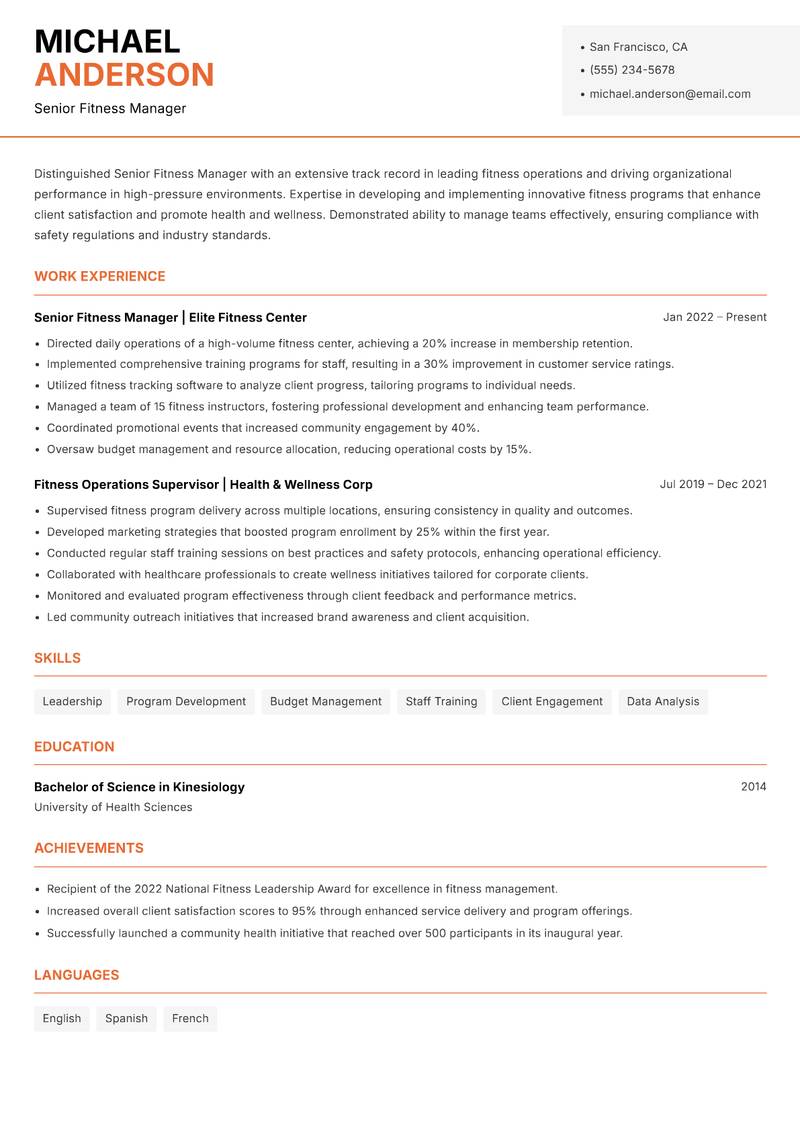 Senior Fitness Manager resume sample — Senior Fitness Manager focus