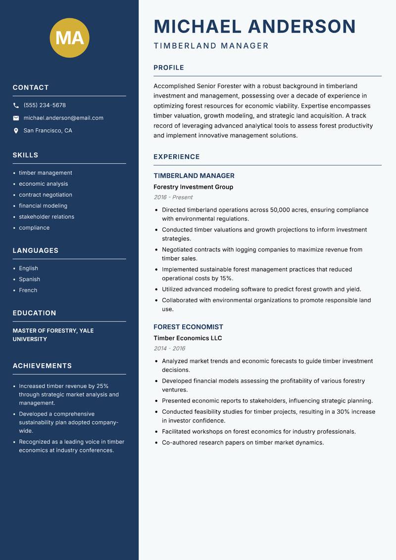Senior Forester resume sample — Timberland Manager focus