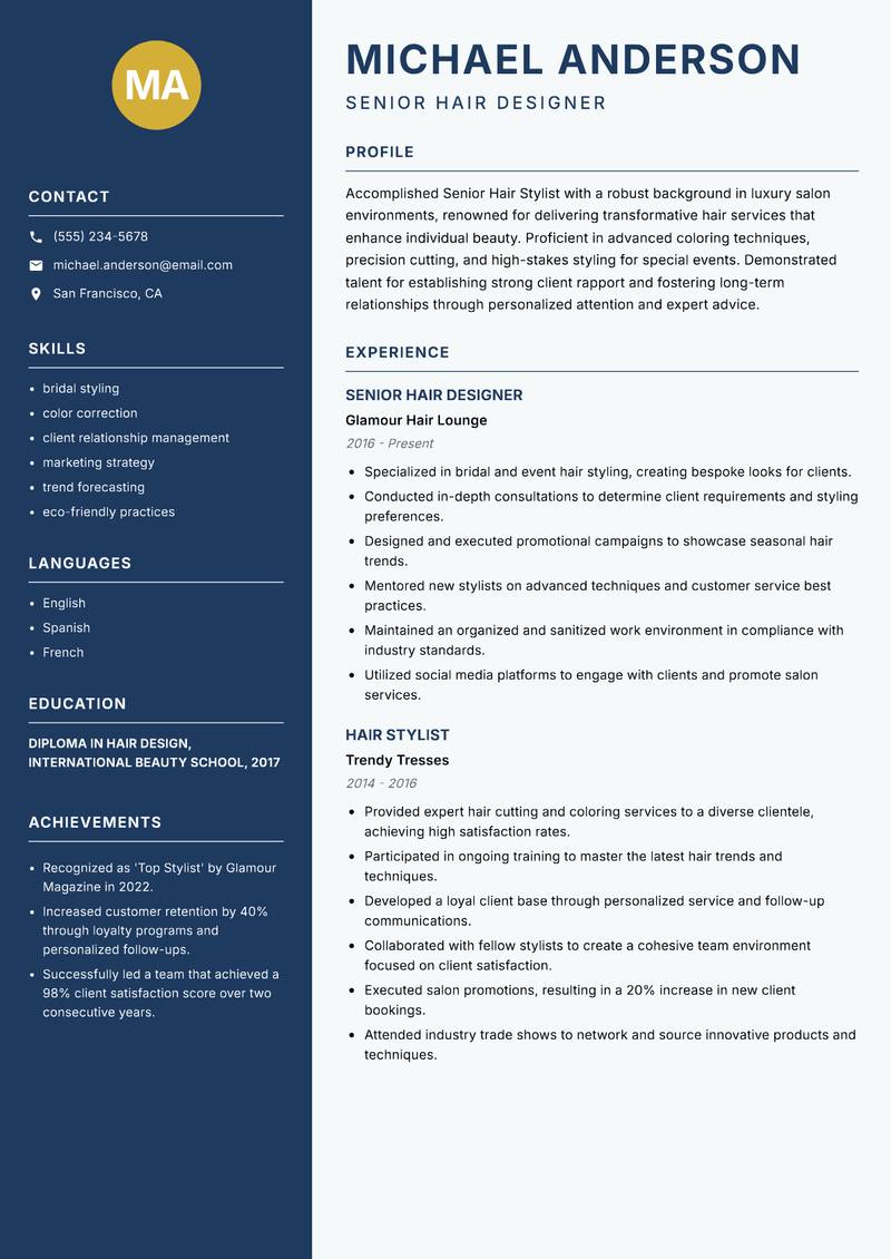 Senior Hair Stylist resume sample — Senior Hair Designer focus