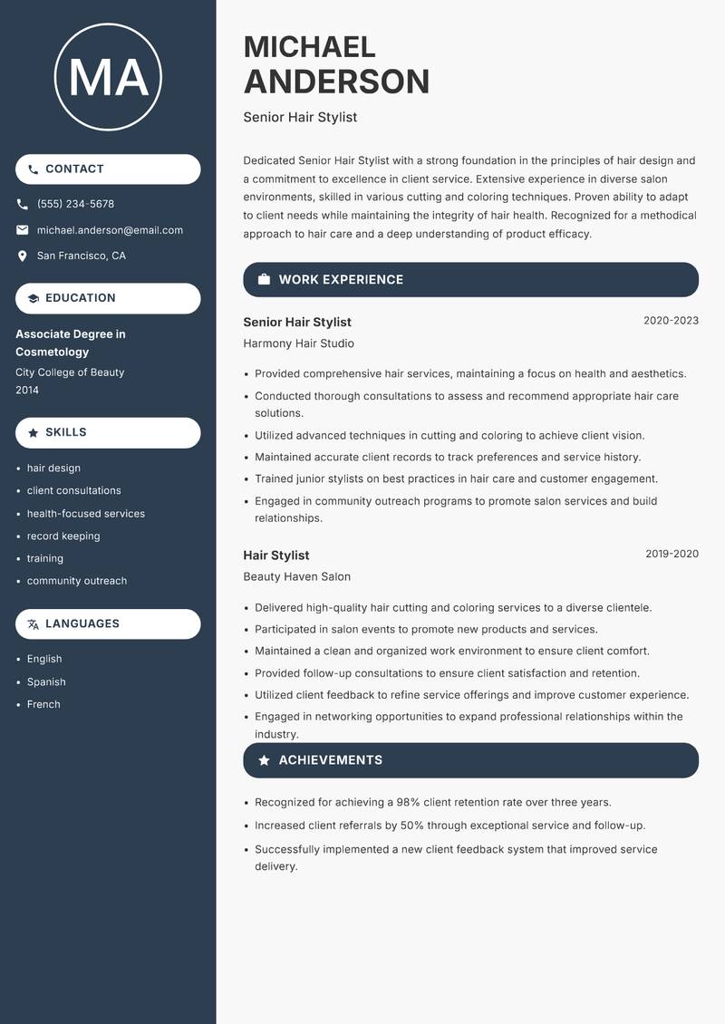 Senior Hair Stylist resume sample — Senior Hair Stylist focus