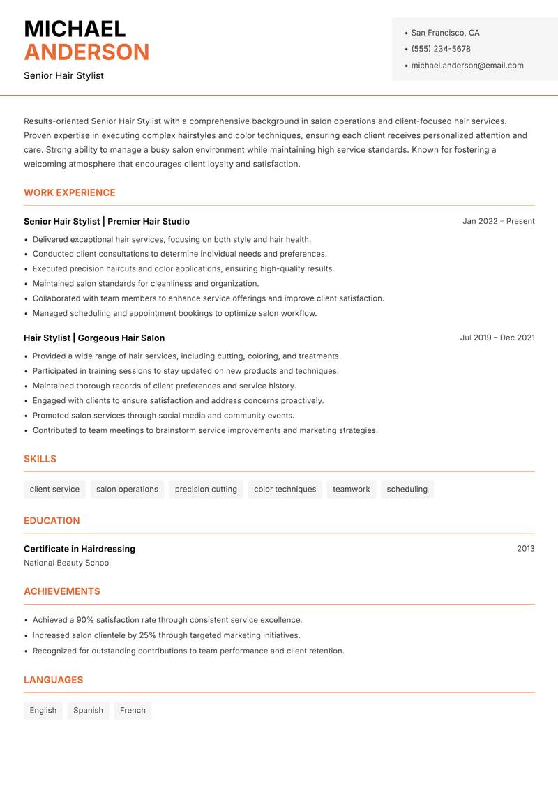 Senior Hair Stylist resume sample — Senior Hair Stylist focus