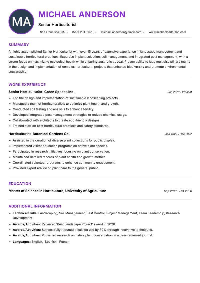 Senior Horticulturist resume example