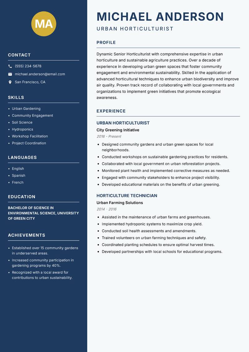 Senior Horticulturist resume sample — Urban Horticulturist focus