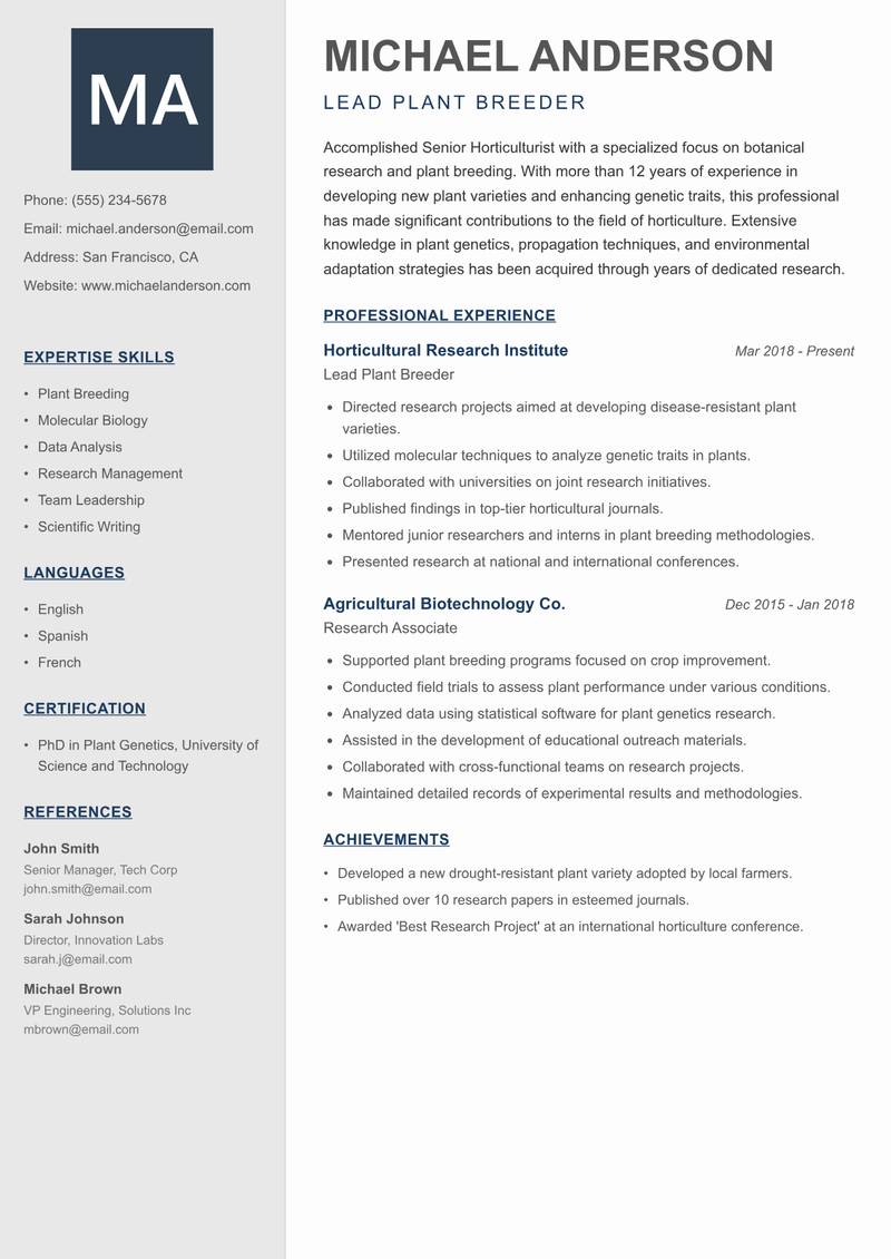Senior Horticulturist resume sample — Lead Plant Breeder focus