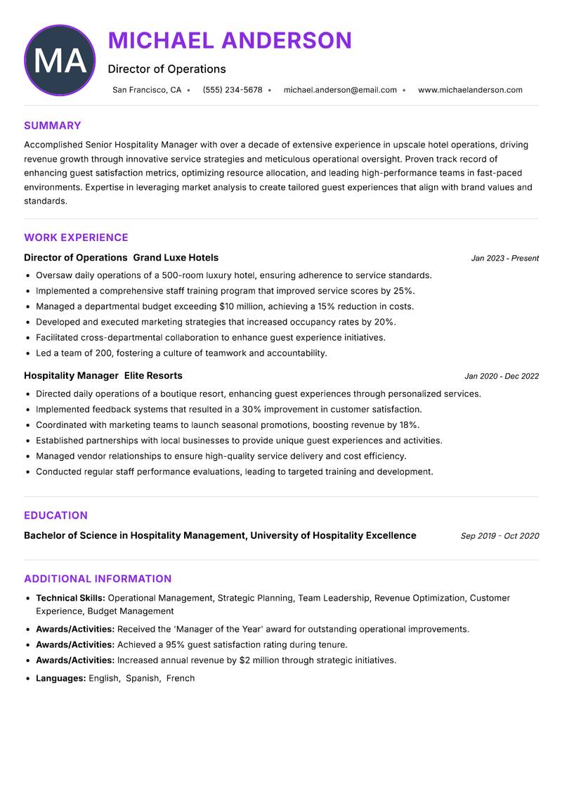 Senior Hospitality Manager resume example