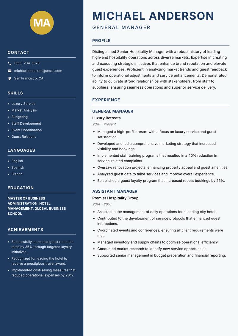 Senior Hospitality Manager resume sample — General Manager focus