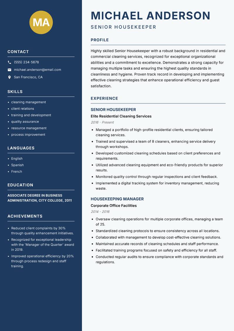 Senior Housekeeper resume sample — Senior Housekeeper focus