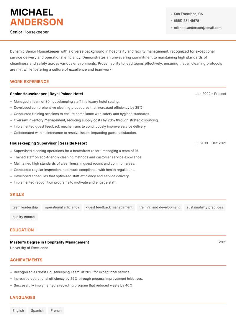 Senior Housekeeper resume sample — Senior Housekeeper focus