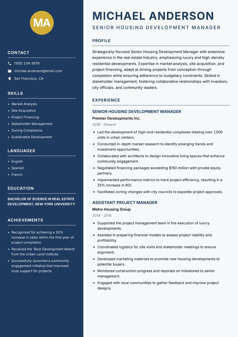 Senior Housing Development Manager resume sample — Senior Housing Development Manager focus