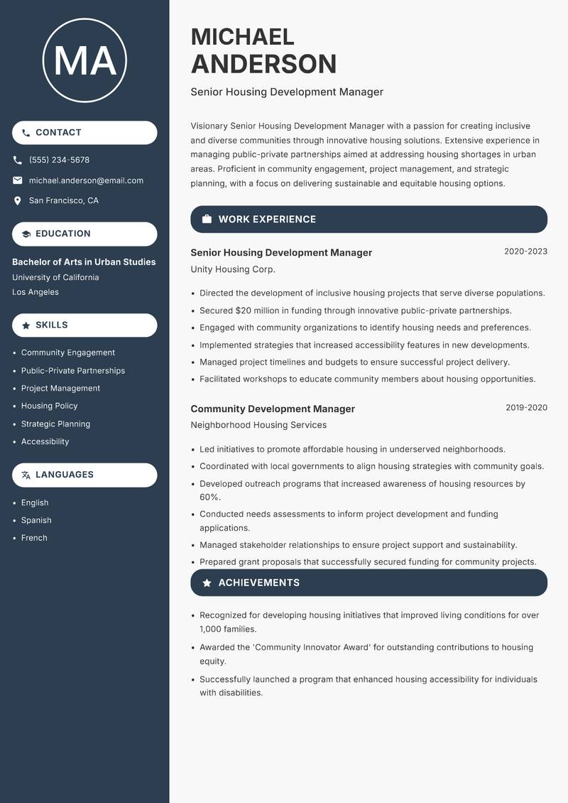 Senior Housing Development Manager resume sample — Senior Housing Development Manager focus