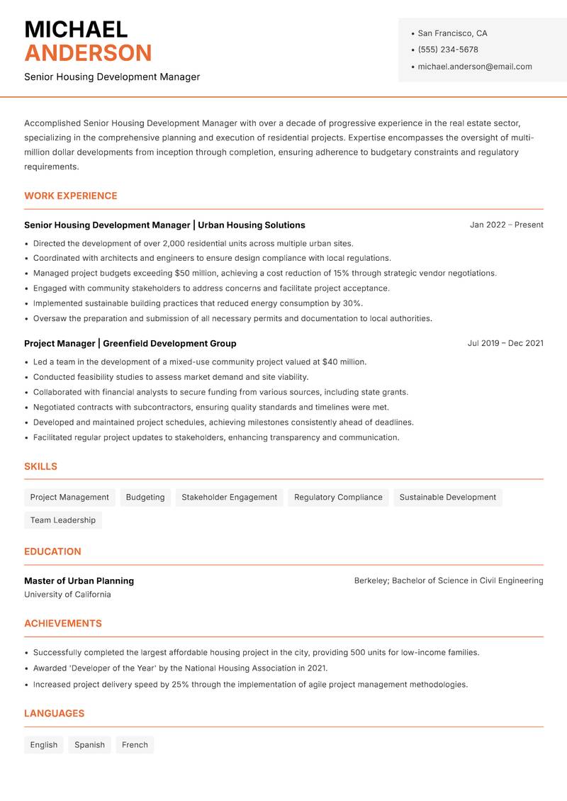 Senior Housing Development Manager resume sample — Senior Housing Development Manager focus