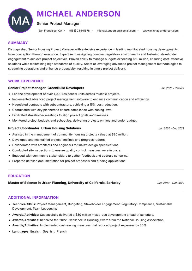 Senior Housing Project Manager resume example