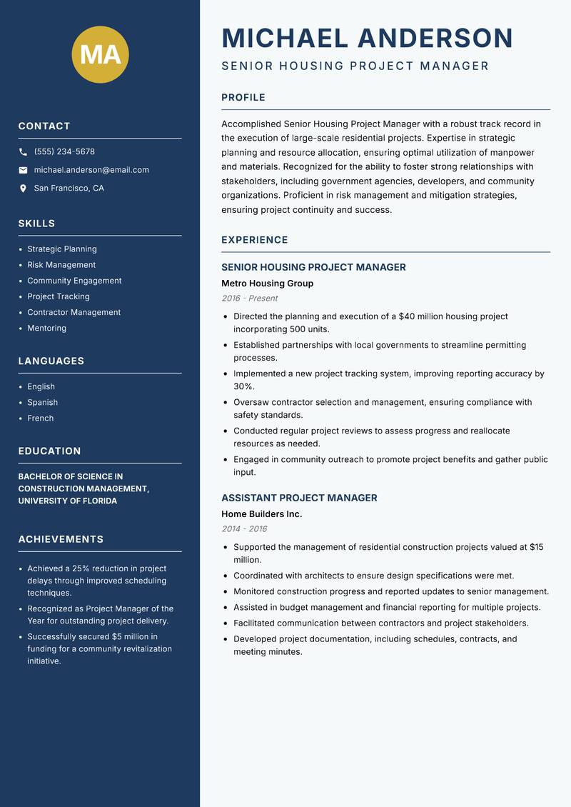 Senior Housing Project Manager resume sample — Senior Housing Project Manager focus