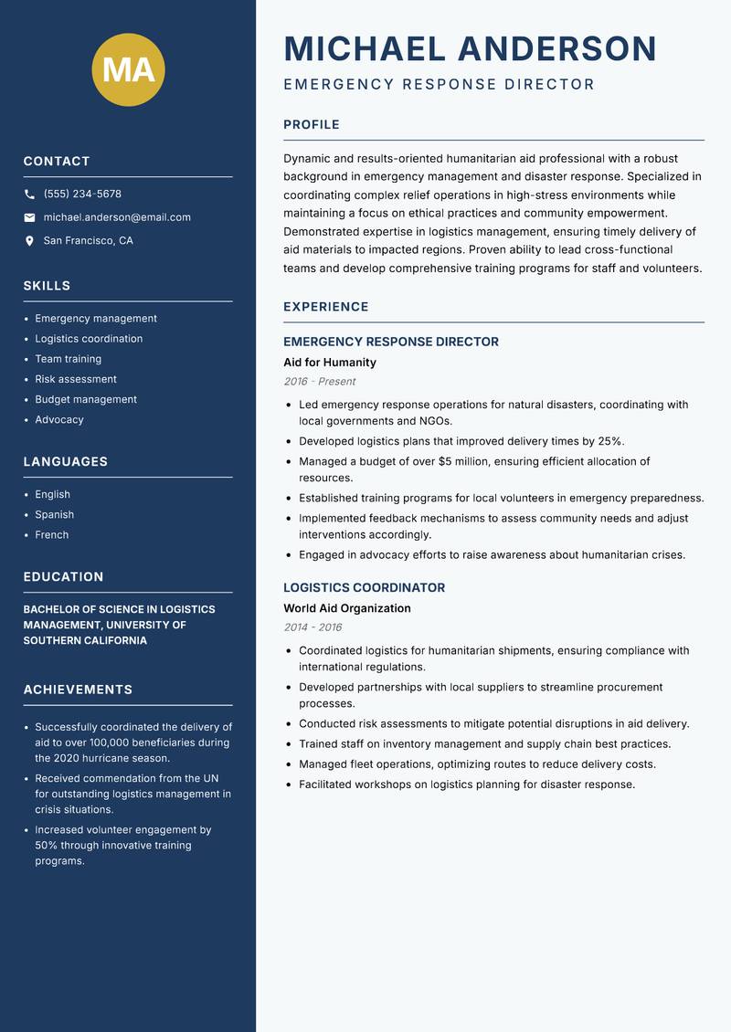 Senior Humanitarian Aid Manager resume sample — Emergency Response Director focus
