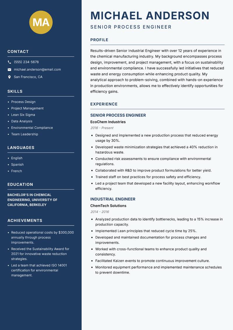 Senior Industrial Engineer resume sample — Senior Process Engineer focus