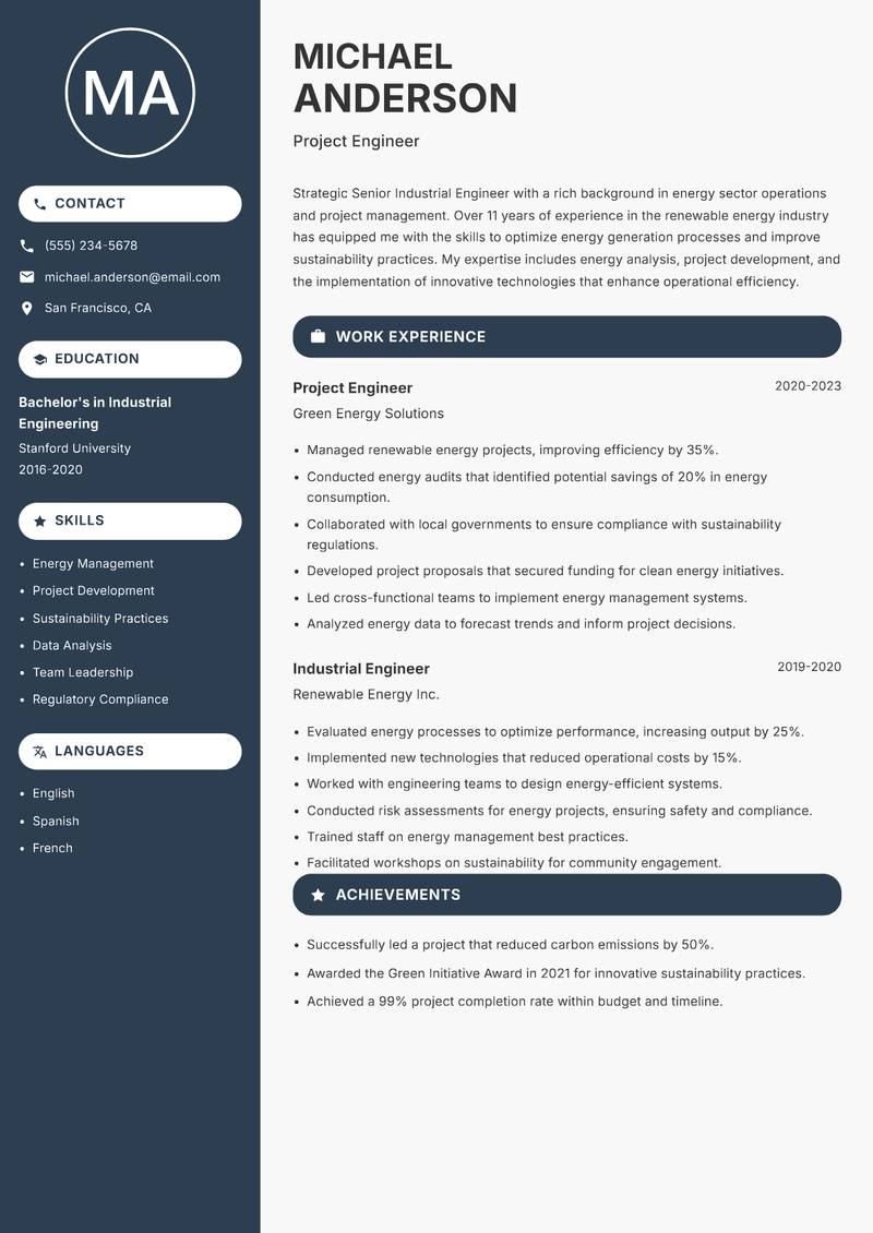 Senior Industrial Engineer resume sample — Project Engineer focus