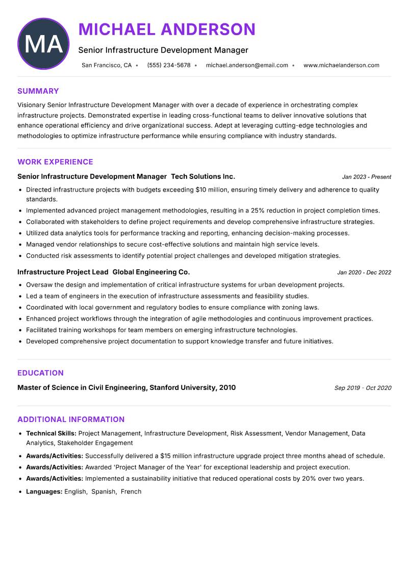 Senior Infrastructure Development Manager resume example