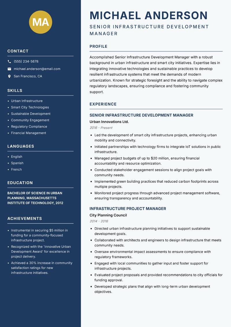 Senior Infrastructure Development Manager resume sample — Senior Infrastructure Development Manager focus