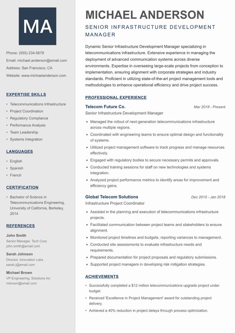 Senior Infrastructure Development Manager resume sample — Senior Infrastructure Development Manager focus
