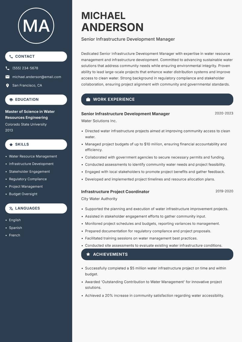 Senior Infrastructure Development Manager resume sample — Senior Infrastructure Development Manager focus