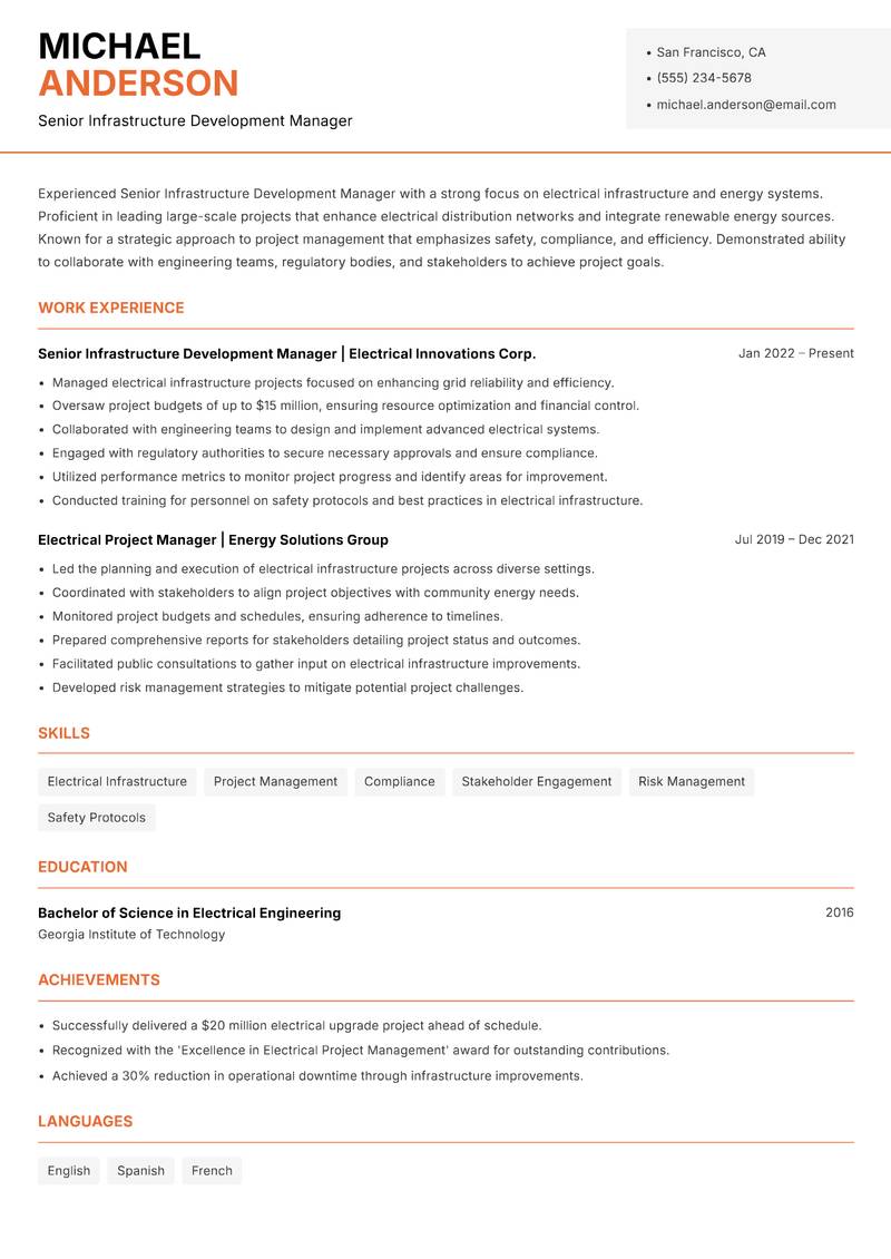 Senior Infrastructure Development Manager resume sample — Senior Infrastructure Development Manager focus