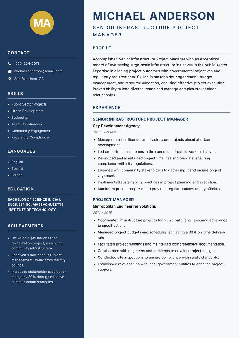 Senior Infrastructure Project Manager resume sample — Senior Infrastructure Project Manager focus