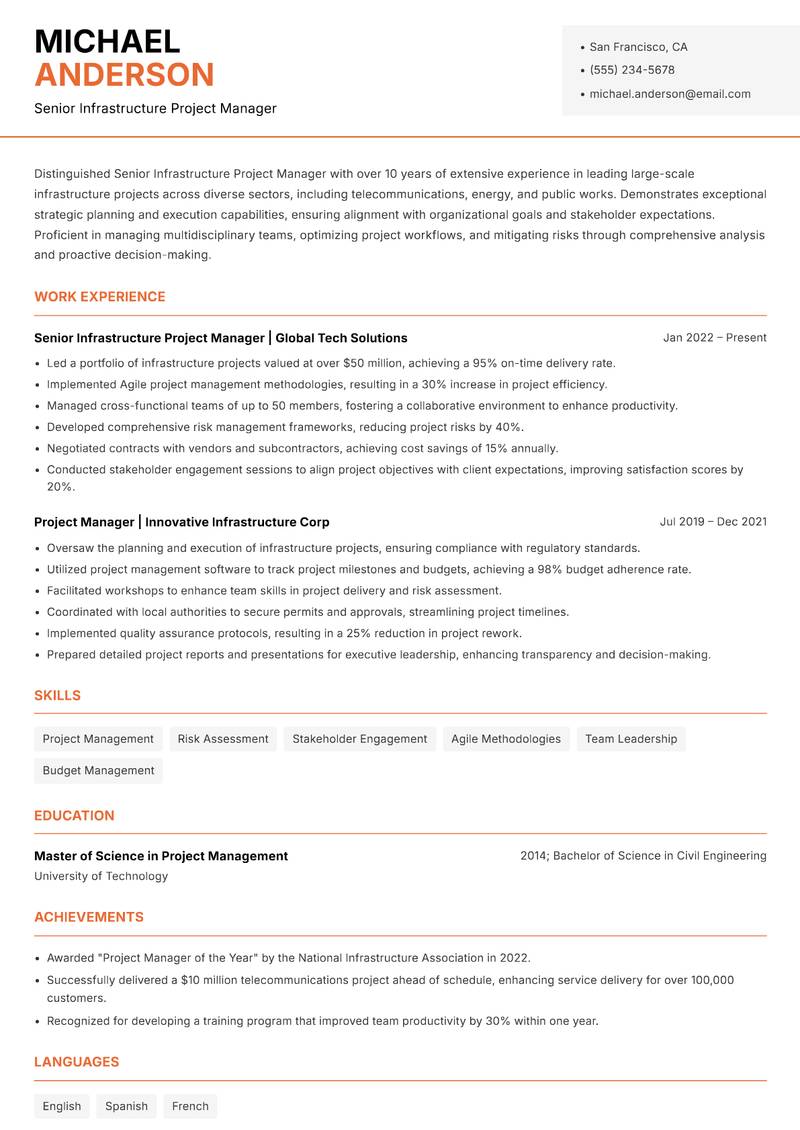 Senior Infrastructure Project Manager resume sample — Senior Infrastructure Project Manager focus