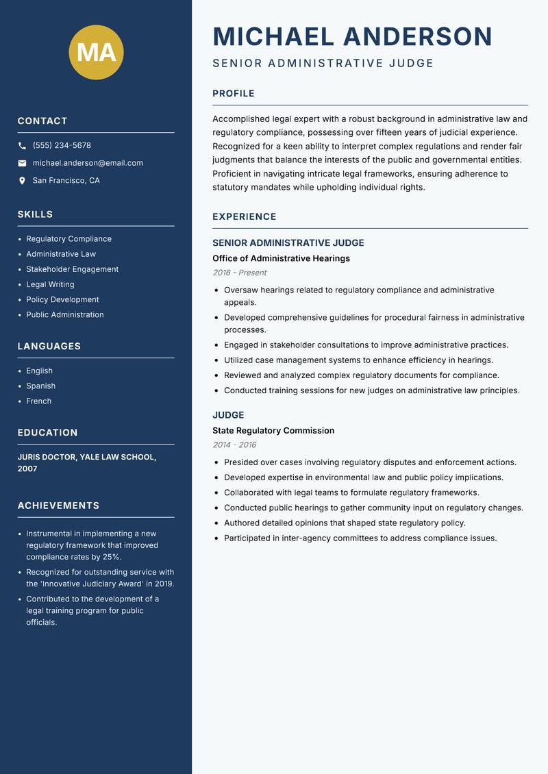 Senior Judge resume sample — Senior Administrative Judge focus