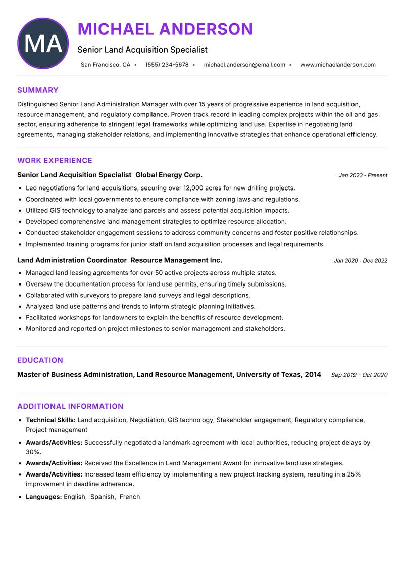 Senior Land Administration Manager resume example